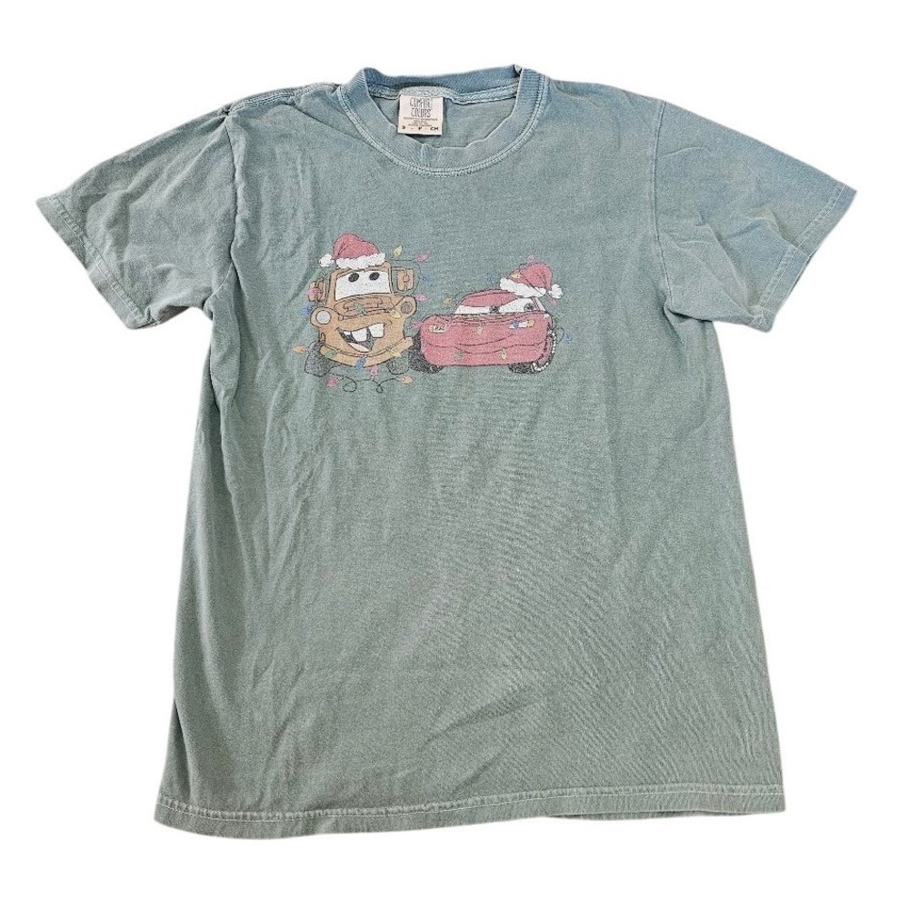 Comfort Colors Disney Cars Christmas T-Shirt Sage Green McQueen Mater Small